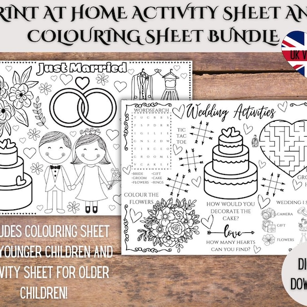 Kids Printable Wedding Activity Mat, Kids Wedding Placemat, Wedding Download Colouring Page, Wedding Reception Activities, Kids Wedding Pack