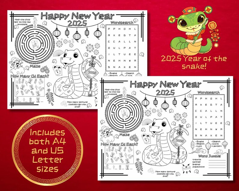 Kids Printable Chinese New Year Activity Sheet, Year of the Snake 2025