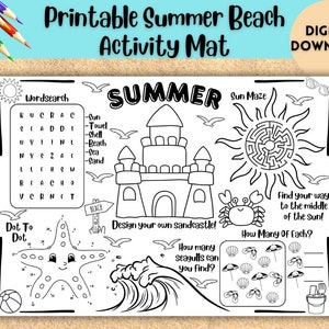 Kids Printable Summer Beach Activity Mat, Kids Summer Placemat, Beach Download Colouring Page, Summer Activities, Kids Activity Pack