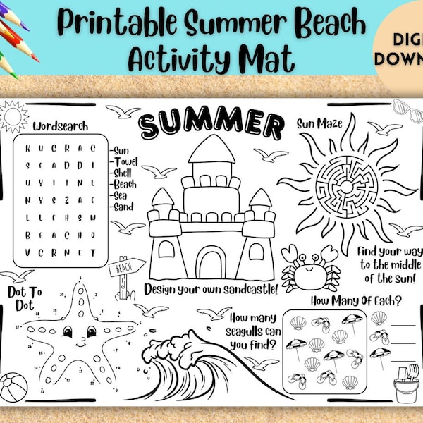 Kids Printable Summer Beach Activity Mat, Kids Summer Placemat, Beach Download Colouring Page, Summer Activities, Kids Activity Pack