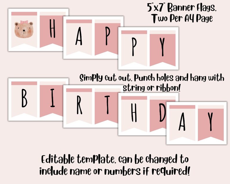 Printable Teddy Bear Birthday Bundle, Editable Pink Decorations Set ...