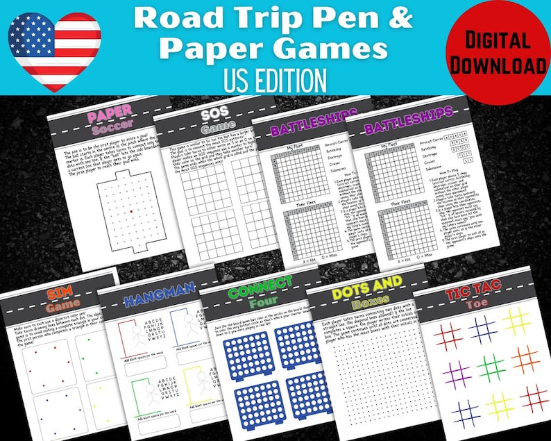 Road Trip Games Printable Car Trip Pen & Paper Games for Kids Car