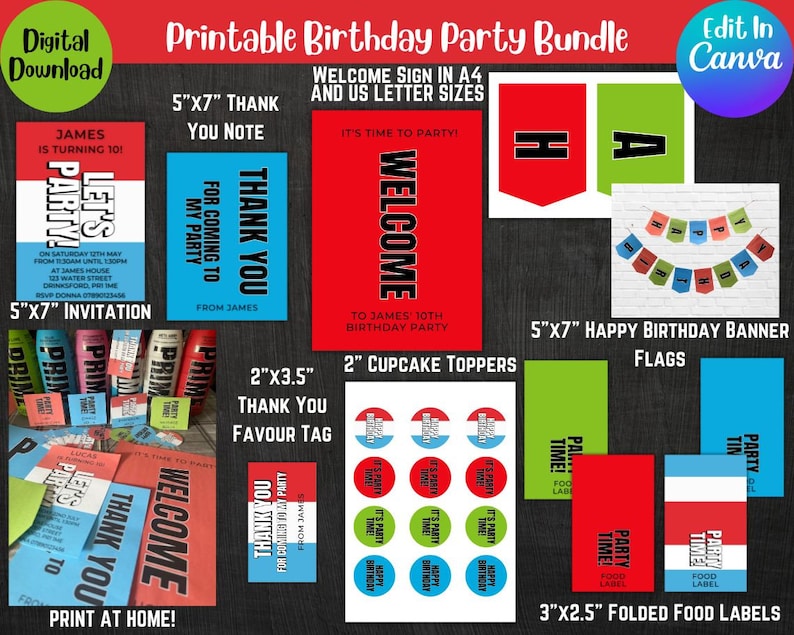 Hydration Drink Printable Party Bundle, Kids Editable Party Invitation, Birthday Party Printable ...