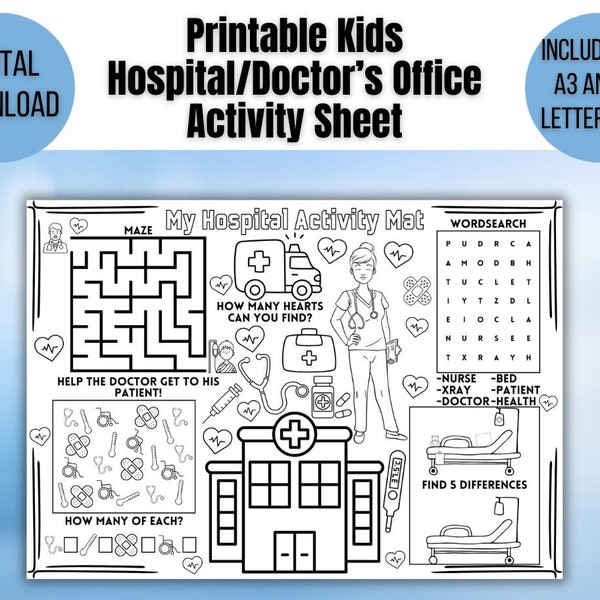 Printable Kids Hospital Activity Sheet Doctors Office Waiting Room Activity Mat For Kids Childrens Ward Activities Placemat Digital Download