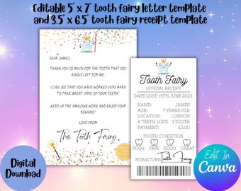 Tooth Fairy Letter and Receipt, Editable Certificate,Instant Download Printables, Kids Lost Tooth Letter, Personalised Tooth Report Keepsake