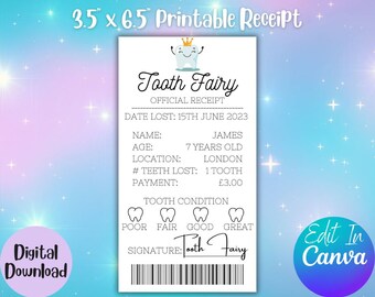 Tooth Fairy Receipt, Editable Certificate, Instant Download Printable, Kids Lost Tooth Letter, Personalised Tooth Report Keepsake