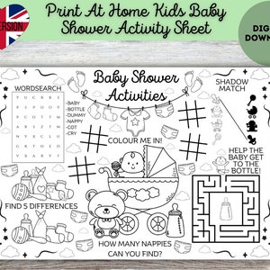 Könnte beinhalten: Schwarzweißes druckbares Babyparty-Aktivitätsblatt mit einem Wortsuchspiel, einem Ausmalbild eines Babys im Kinderwagen, einem Schatten-Suchspiel, einem Finde-die-Unterschiede-Spiel, einem Labyrinth und einem Zähle-die-Windeln-Spiel. Das Blatt enthält den Text "Baby Shower Activities".