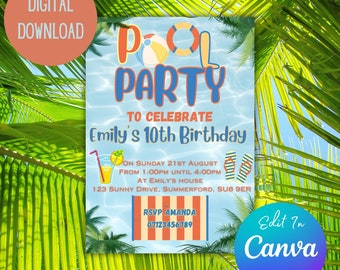 Pool Party Editable Party Invitation, Kids Digital Party Invite, Pool Party Birthday Party Printable Invitation, Canva Template Download