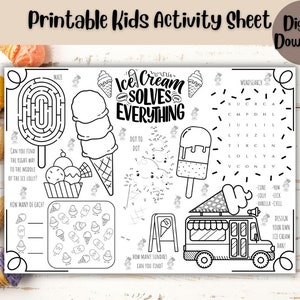 Kids Printable Summer Ice Cream Activity Mat, Kids Ice Cream Shop Placemat, Download Colouring Page, Summer Activities, Kids Activity Pack