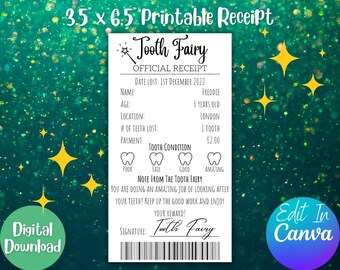 Tooth Fairy Receipt, Editable Certificate, Instant Download Printable, Kids Lost Tooth Letter, Personalised Tooth Report Keepsake