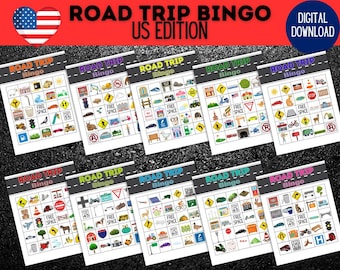 Puede incluir: Diez tarjetas de bingo imprimibles con temática de viaje por carretera. Cada tarjeta tiene una cuadrícula de 5x5 con imágenes de señales de tráfico, puntos de referencia y otras cosas que podrías ver en un viaje por carretera. Las tarjetas se titulan "Road Trip Bingo" y están en formato de descarga digital.