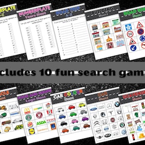 Op de afbeelding: Tien printbare zwart-wit zoek- en vindspellen voor kinderen. De spellen bevatten verkeersborden, voertuigen, gebouwen, voedsellogo's en autokleuren. De spellen zijn getiteld "Numberplate A-Z", "Numberplate Years Hunt", "Road Trip A-Z", "Building Hunt", "Road Sign Hunt", "Vehicle Hunt", "Food and Shops Logo Hunt", "Car Colour Hunt", "Car Hunt" en "Scavenger Hunt".