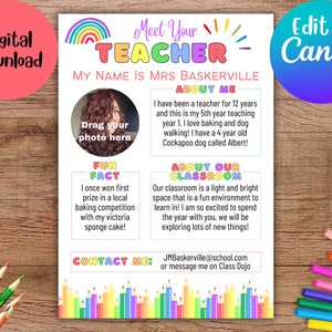 Plantilla editable Conozca a su maestro, Carta de regreso a la escuela, Conozca a su maestro Descargable en el aula Imprimible, Recursos para maestros imprimibles