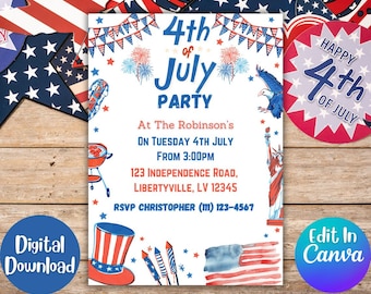 Editable 4th of July Party Invitation, Printable American Independence Day Invite Template, Print At Home Party Invitation, Fourth Of July