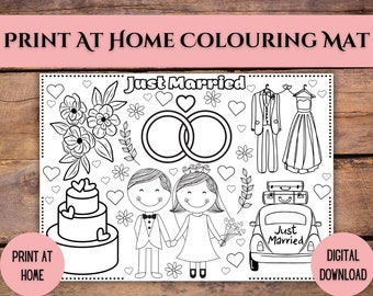 Coloración de boda imprimible para niños, Placemat de boda para niños más pequeños, Alfombra de actividades de boda para niños, Preescolares para colorear de bodas para niños