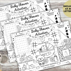 K&ouml;nnte beinhalten: Druckbare Babyparty-Aktivit&auml;tsbl&auml;tter mit Spielen wie Wortsuche, Finde die Unterschiede, Male mich aus und einem Labyrinth. Die Bl&auml;tter enthalten den Text "Baby Shower Activities" und "Enth&auml;lt A4, A3 und US-Briefgr&ouml;&szlig;en".
