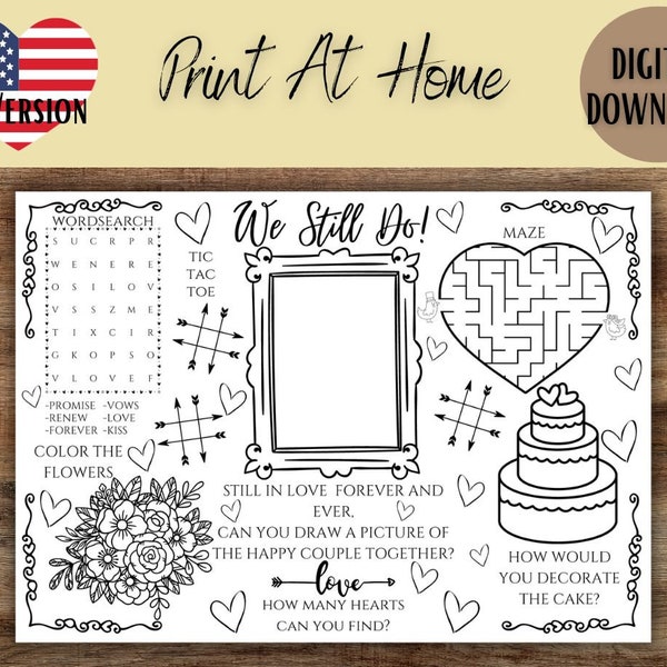 Kids Printable Wedding Vow Renewal Activity Mat, Kids Placemat Vows Renewal, Renewal Of Wedding Vows Activities For Kids Print At Home