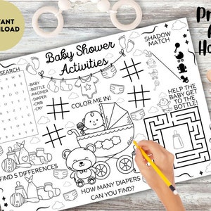 K&ouml;nnte beinhalten: Ein schwarz-wei&szlig;es druckbares Babyparty-Aktivit&auml;tsblatt mit einem Wortsuchspiel, einem Ausmalbild eines Babys im Kinderwagen, einem Finde-die-Unterschiede-Spiel, einem Schatten-Suchspiel und einem Labyrinth. Das Blatt enth&auml;lt den Text "Baby Shower Activities" und "Print At Home".