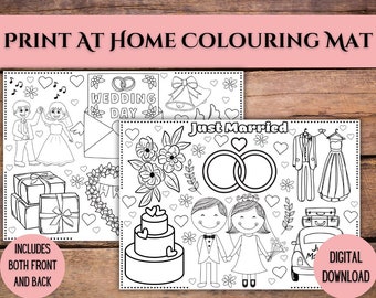 Coloración de boda imprimible para niños, Placemat de boda para niños para niños más pequeños, Alfombra de actividades para niños de doble cara, Niños en edad preescolar para colorear bodas