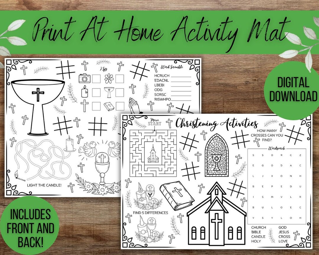 Kids Printable Christening Activity Mat Double Sided, Kids Christening Colouring Sheet Placemat