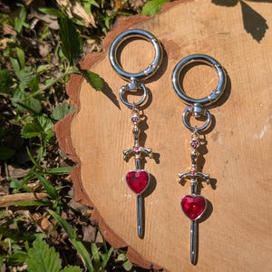 Può includere: Due portachiavi argentati con ciondoli a forma di spada e cuore. Ogni portachiavi ha un grande fermaglio circolare e un ciondolo decorativo con una spada con una gemma rossa a forma di cuore. Lo sfondo è una superficie di legno con fogliame verde.