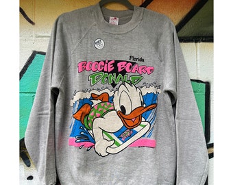 DEADSTOCK 80s Donald Duck Puff Print Boogie Board Sweatshirt Vintage Disney