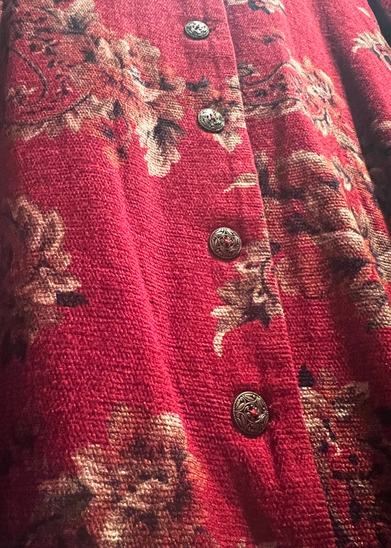 90s Tapestry Red Textured Carpet Rug Jacket Floral Vintage Alfred Dunner View 3
