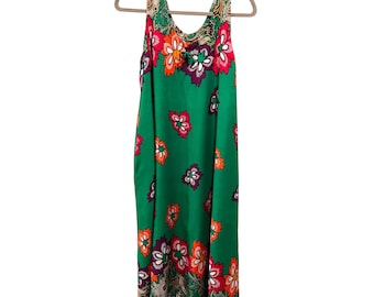 70s Vintage Floral Green Sleeveless Dress Colorful Flowers Sundress