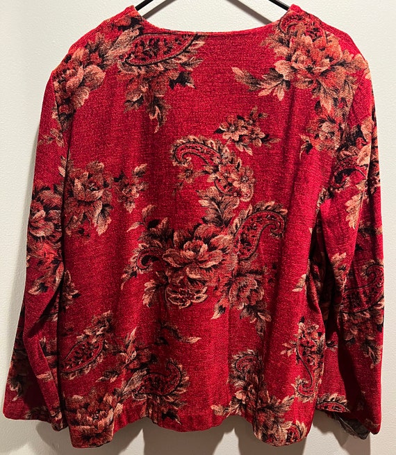 90s Tapestry Red Textured Carpet Rug Jacket Floral Vintage Alfred Dunner View 2