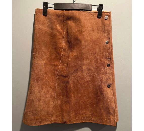 70s Suede Skirt with Side Buttons A-Line Brown Ca… - image 1