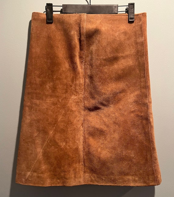 70s Suede Skirt with Side Buttons A-Line Brown Ca… - image 2