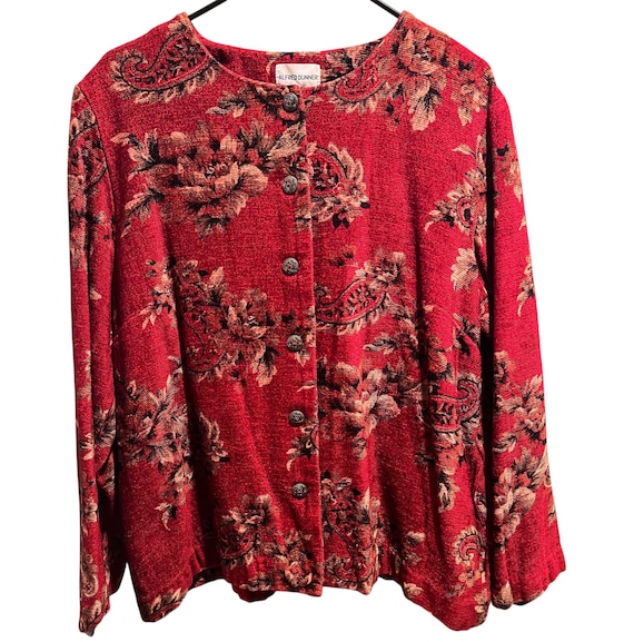 90s Tapestry Red Textured Carpet Rug Jacket Floral Vintage Alfred Dunner
