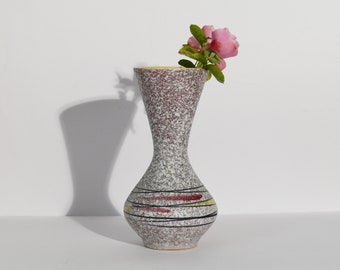 Vintage Vase, Hersteller Scheuerich, "Foreign 523 21", Dekor Steinoptik, Mid Century, rot, gelb, schwarz, West German Pottery