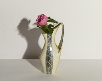 Vintage Henkel Keramikvase, Mid Century, "ES Handgemalt", 681/23", 1950er Jahre, beige, schwarz, gelb, West German Pottery