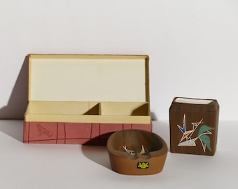 Vintage Keramik Rauch Utensilien Set, l'Ancora, Kroon, 1950er Jahre, Holzoptik, Aschenbecher, Zigarettenhalter, orig. Box