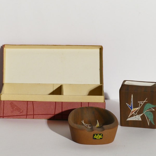 Vintage Keramik Rauch Utensilien Set, l'Ancora, Kroon, 1950er Jahre, Holzoptik, Aschenbecher, Zigarettenhalter, orig. Box
