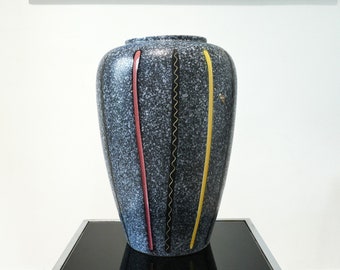 Große Scheuerich Keramikvase, Mid Century, Steinoptik, West German Pottery, graublau,  rot, gelb, schwarz, 1950er Jahre, 40cm hoch
