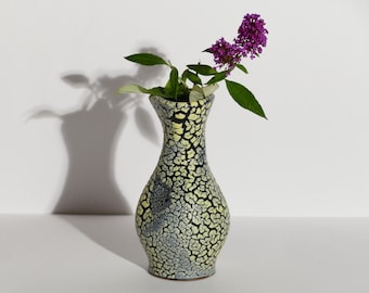 Vintage Keramik Vase, Schrumpfglasur, Mid Century, 1950er Jahre, Steindekor, gelb, blau, schwarz, West German Pottery, "Cortina" ähnlich