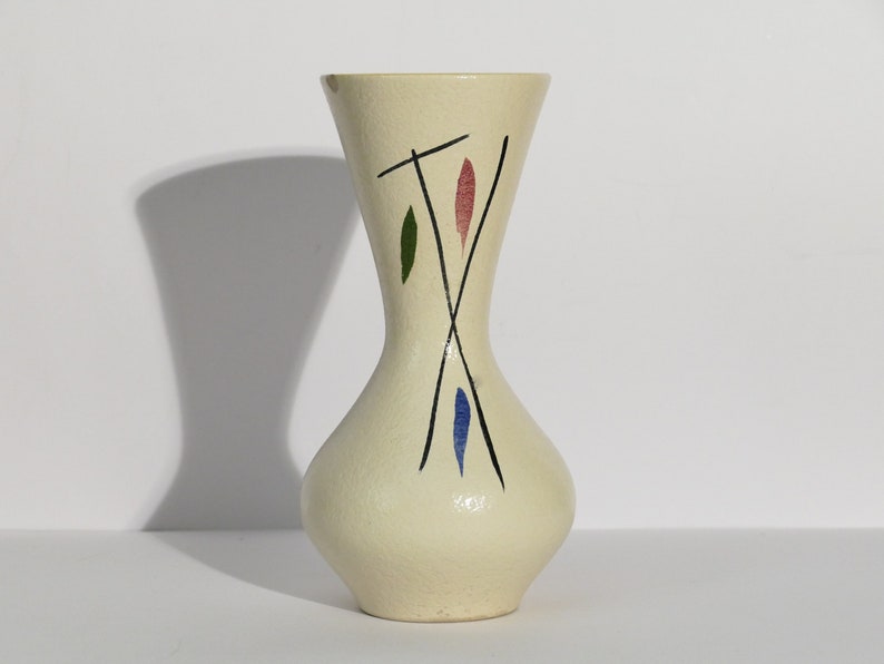 Vintage vase, manufacturer Scheuerich, beige, shiny, blue, red, green, abstract, Mid Century, West German Pottery, Foreign 523 24 image 2