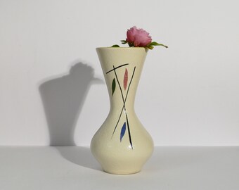 Vintage Vase, Hersteller Scheuerich, beige, glänzend, blau, rot, grün, abstrakt, Mid Century, West German Pottery, "Foreign 523 24"