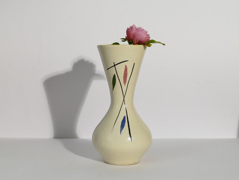 Vintage vase, manufacturer Scheuerich, beige, shiny, blue, red, green, abstract, Mid Century, West German Pottery, Foreign 523 24 image 1