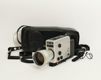 Braun Nizo 801, Super 8 film camera, 1975, Dieter Rams, Made in Germany, silver, black, including original leather case, 7-80 mm zoom lens