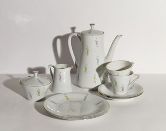 Porzellan Arzberg Tee- Kaffeeservice, 2 Personen, Mid Century, abstrakt, Form 2000, Kaffeekanne, 1950/60er Jahre