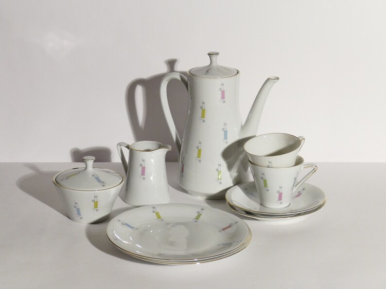 Porzellan Arzberg Tee Kaffeeservice, 2 Personen, Mid Century, abstrakt, Form 2000, Kaffeekanne, 1950/60er Jahre Bild 1