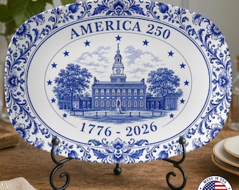Plato decorativo America 250, decoración patriótica floral azul para el hogar, regalo de aniversario de EE. UU.