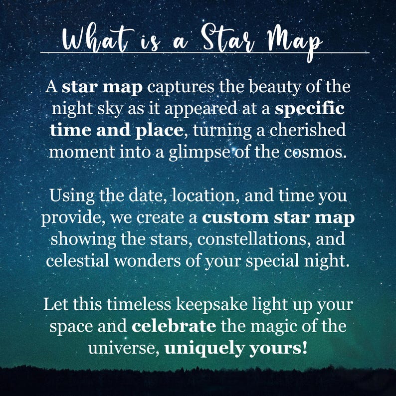 May include: Image with text: "What is a Star Map." The text describes a custom star map capturing the night sky at a specific time and place. It highlights the stars, constellations, and celestial wonders.