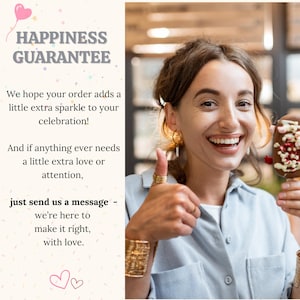 May include: A smiling person giving a thumbs up, holding a chocolate-covered dessert with red and white decorations. The image includes text that reads "HAPPINESS GUARANTEE" and a message about customer satisfaction.