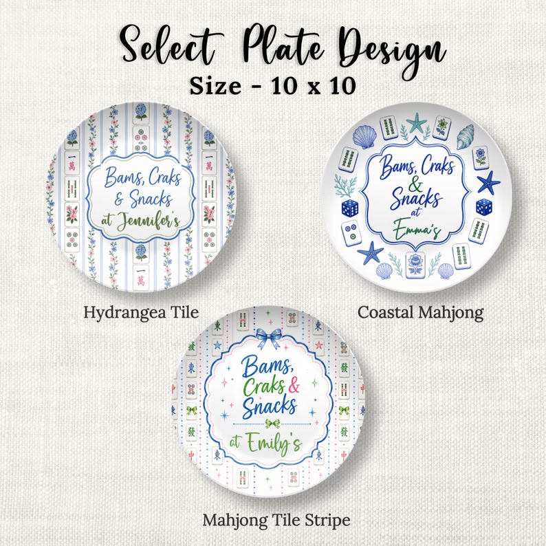 Puede incluir: Tres platos redondos blancos con una etiqueta de tama&ntilde;o 10 x 10. El plato Hydrangea Tile presenta rayas azules y motivos florales. El plato Coastal Mahjong muestra conchas y dados azules. El plato Mahjong Tile Stripe tiene un dise&ntilde;o de lazo azul.