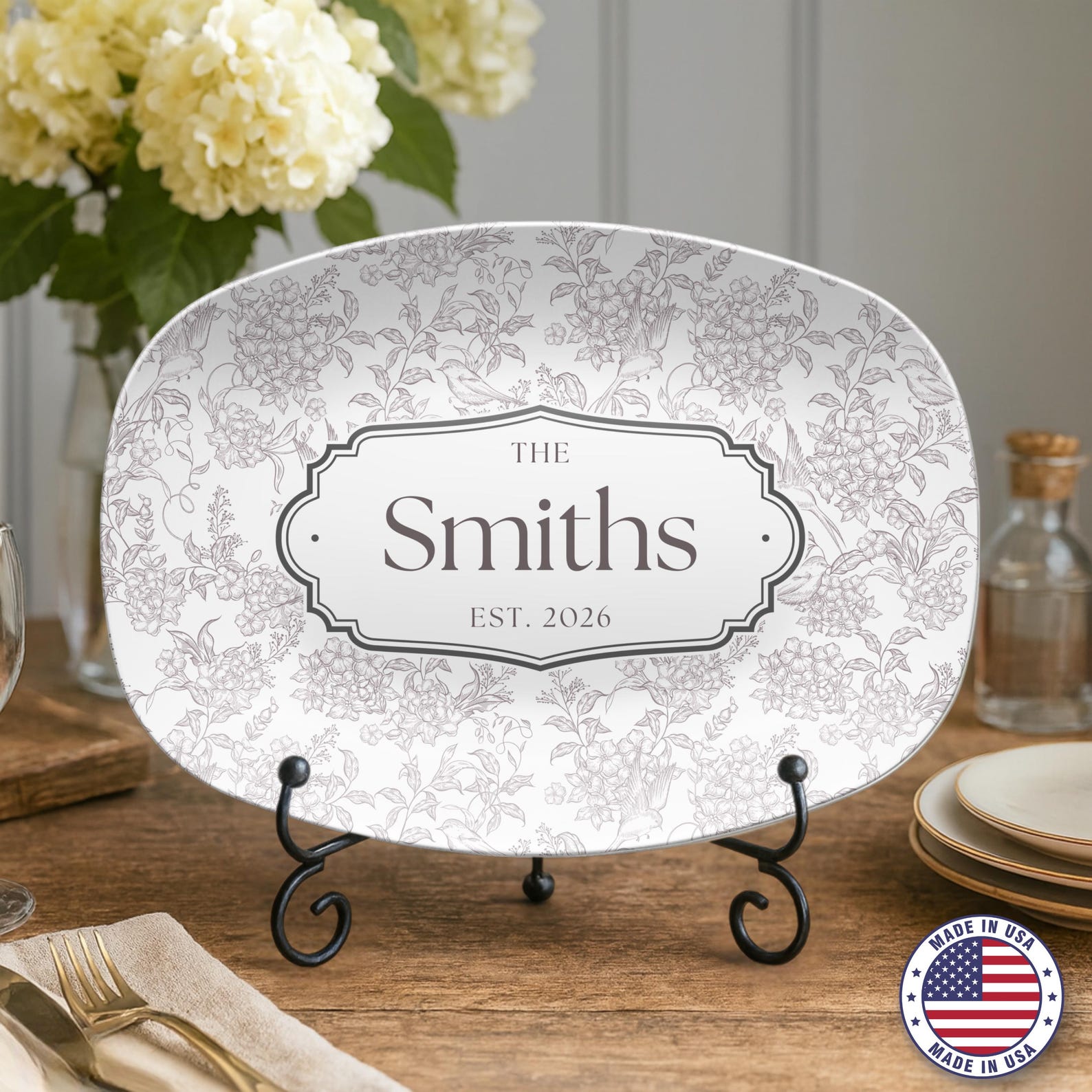 Personalized Floral Family Name Platter, Toile Wedding Gift, Custom Last Name Plate, Housewarming Gift for Couple - Platter, Gray Toile