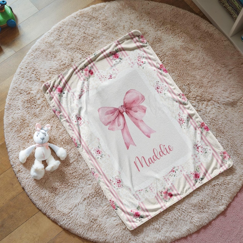 Personalized Coquette Blanket for Girls, Baby Girl Cotton Name Blanket, Coquette Room decor, Baby Shower, Birthday Gift image 1